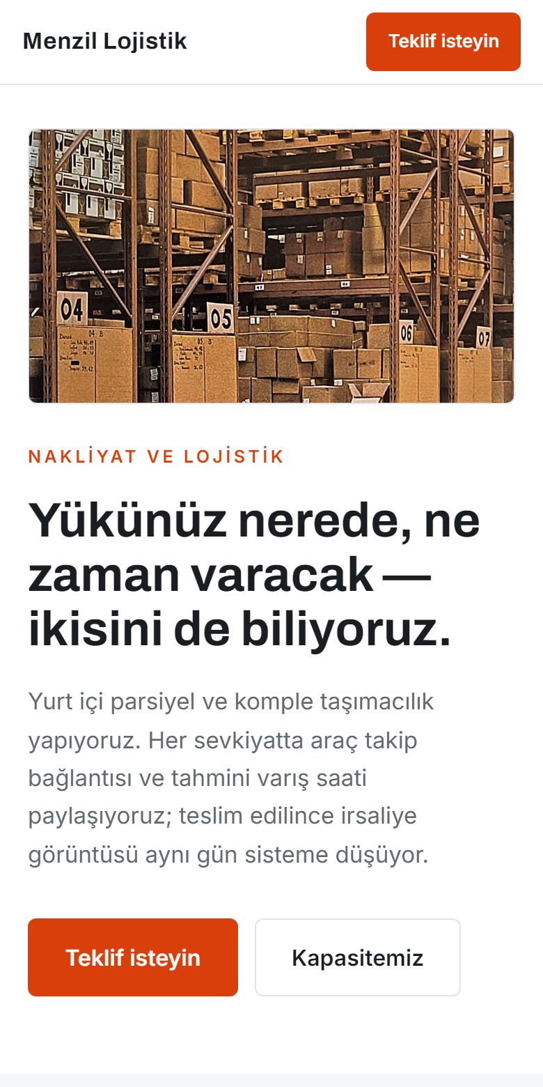 Nakliyat ve Lojistik şablonunun telefonda görünümü