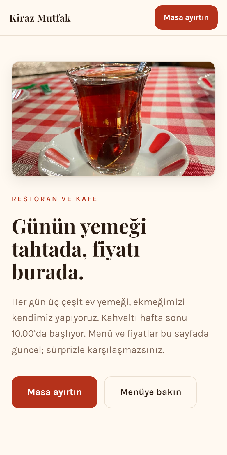 Restoran ve Kafe şablonunun telefonda görünümü